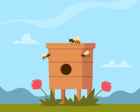 Apiary hive and honey bees. Farm with beehives and flowers garden panorama. Apiculture beekeeping. Vector illustrationのイラスト素材