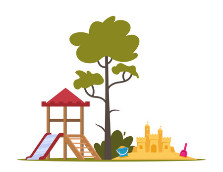 Children's entertainment playground elements. Slide, benches, a sandbox, a swing and a recreation park, toys. Place children games. Vector illustrationのイラスト素材