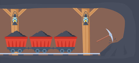 Coal mine tunnel. Trolley with coal in old mining cave interior. Hard work, extracting stone, metal construction for transportation. Vector illustrationのイラスト素材