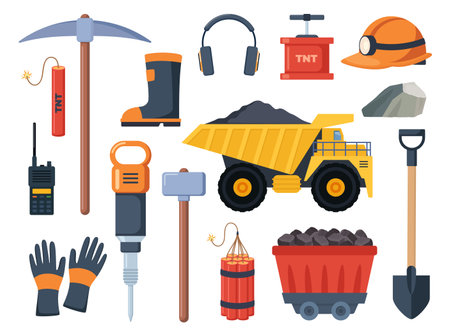 Mining coal industry icons, set. Tools and equipment for manufacture, truck and mine, mineral fuel, miner symbol, signs of machinery and dump. Vector illustrationのイラスト素材