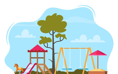 Public park in the city with children playground. Children's entertainment playground elements. Slide, benches, sandbox, swing and recreation park, toys. Place children games. Vector illustrationのイラスト素材