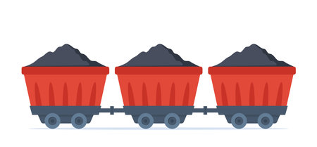 Mine coal trolleys. Wagon transporting pile coal. Mining industry equipment. Underground minerals extraction. Construction and building transportation vehicle. Vector illustrationのイラスト素材
