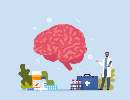 Human brain. Inner organs disease treatment. Modern design concept with tiny doctor character, medical drugs, equipment, analysis. Vector Illustrationのイラスト素材