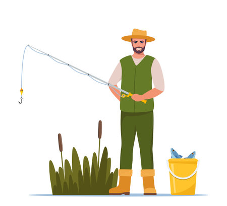 Man fishing. Fisherman with fishing rod, fish in bucket. Man in vest and hat. Guy waiting to catch a fish. Outdoor recreation, leisure time. Vector illustrationのイラスト素材