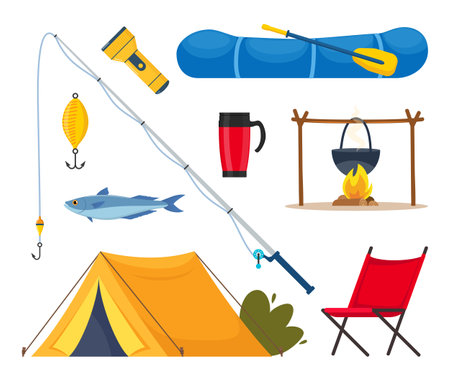 Equipment and tools for fishing. Fishing rod, float, inflatable rubber boat, landing net, fishers clothes, hook, fish, hat, flashlight, boots. Outdoor activity, recreation, hobby. Vector illustrationのイラスト素材
