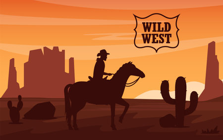 Desert landscape with silhouette of cowboy on horse, mountains, cactuses at sunset. Wild West Texas in flat style. Western scene. Wild West Arizona. Vector illustrationのイラスト素材