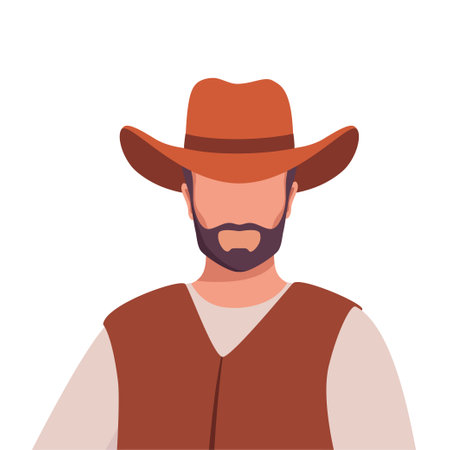 Portrait of happy smiling cowboy in hat standing in retro western outfit. American man from wild west. Flat vector illustration isolated on white backgroundのイラスト素材
