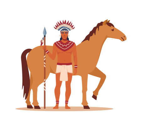 Native american Indian warrior with a spear standing near a horse. Horseman in traditional costumeのイラスト素材