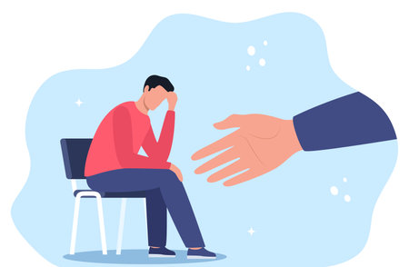 Human hand helps unhappy and sad young man in depression sitting. Mental health conceptのイラスト素材