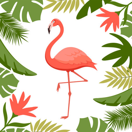 Pink flamingo surrounded by tropical leaves. Exotic tropical bird character. Isolated wildlife animalのイラスト素材