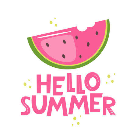 Hand drawn slice of watermelon and hand written text Hello summer. Poster elementsのイラスト素材