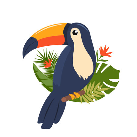Toucan, exotic birds, tropical flowers, palm leaves, jungle leaves, bird of paradiseのイラスト素材