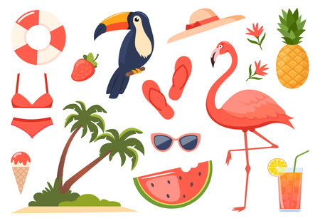 Summer icons. Flamingo, toucan, tropical palm leaves, pineapple, ice cream, cocktail, palm, watermelon, hat, swimsuit, flower. Summertime poster elementsのイラスト素材