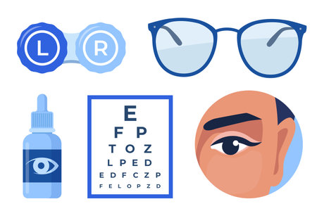 Ophthalmology icons set. Glasses, eye drops, contact lenses, test table with letters for eye examination. Vision correction. Ophthalmology conceptのイラスト素材
