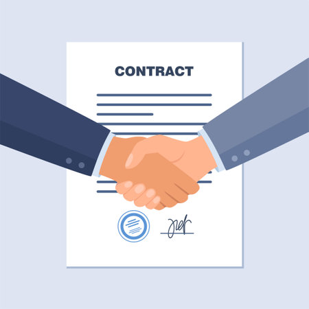 Including a contract, business negotiations. Two male businessmen shake hands, make a deal, sign a contract. Clipboard with agreement, contractのイラスト素材