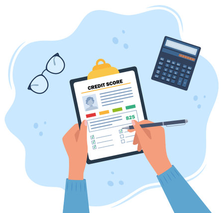 Credit score, gauge. Holding the clipboard in the hands of a man with a personal credit information. Report form documentのイラスト素材