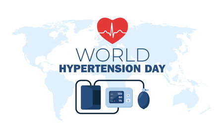 World Hypertension Day Concept. High Blood Pressure awareness background with tonometer and world map. Health care clinic banner, poster and card designのイラスト素材