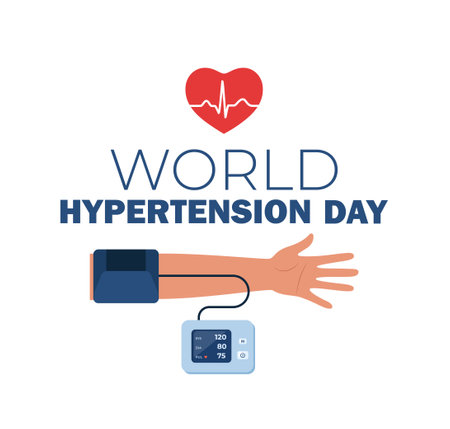 World Hypertension Day Concept. High Blood Pressure awareness background with tonometer and world map. Health care clinic banner, poster and card designのイラスト素材