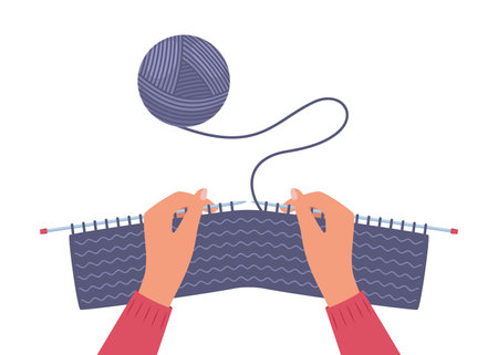 Knitting process, top view on hands holding needles. Yarn and balls of thread. Vectorのイラスト素材