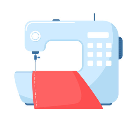 Modern sewing machine and piece of fabric with stitching. Handmade equipment for dressmaking. Accessory for sewing. Vector illustrationのイラスト素材