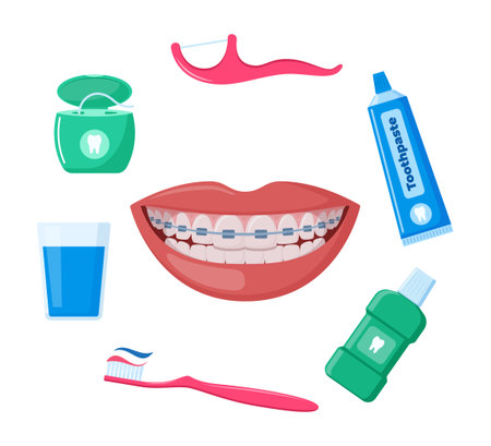 Braces Corrective Orthodontics, smiling female mouth with healthy teeth and braces. Dental cleaning tools. Oral care and hygiene products. Healthy smile. Dentistry, dental treatment, orthodonticsのイラスト素材