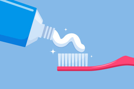 Toothbrush with paste and tube of toothpaste. Substance used on a brush for cleaning teeth. Dental...