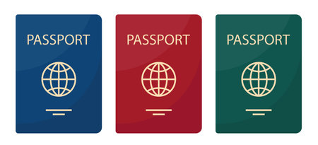 Passports with covers of different colors. Personal identification document. Passport for travel and tourism. Travel, citizenship, migration concept. Vector illustrationのイラスト素材