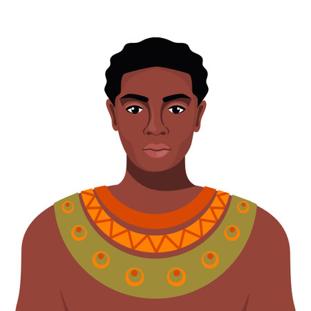 African man wear tribal clothes and necklace. Portrait of male character with dark skin, warrior, hunter. Vectorのイラスト素材