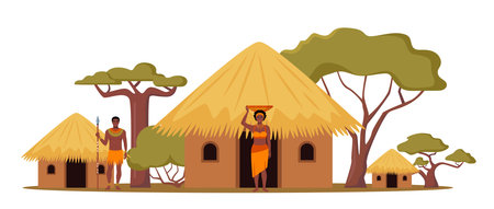 Tribe ethnic people in Africa. African woman with jug, afro character in tribal traditional costume, standing near ethnic hut house in village, rural African landscape. Vectorのイラスト素材
