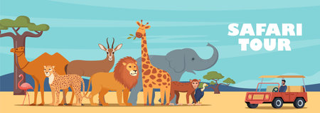 Safari tour of African wildlife. Design for tourism, travel, expedition and adventure. Banner, poster template. Horizontal African landscape with tropical animals, trees in warm colors. Vectorのイラスト素材