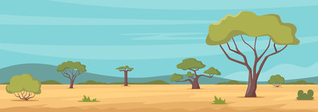 African savannah landscape with green trees, and plain grassland field under blue clear sky. Kenya panoramic view, wild nature. Vectorのイラスト素材