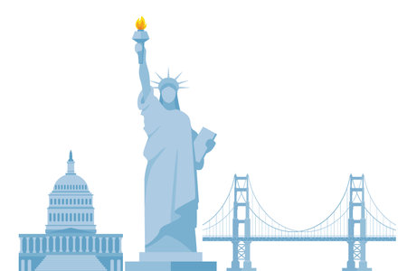 USA culture symbols. Liberty statue, capitol, golden gate bridge. American culture and history icons. Vectorのイラスト素材