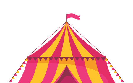 Circus red and yellow striped tent in retro style, with flag on the top. Carnival or entertainment vector illustrationのイラスト素材