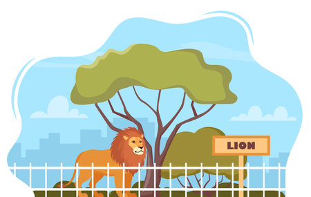 Lion on territory of wildlife zoo park surrounded by fence. Vector illustrationのイラスト素材
