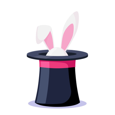 Magic hat with bunny ears. Magician hat with rabbit. Circus show, abracadabra wand. Magic rabbit in hat, bunny trick. Vector illustrationのイラスト素材