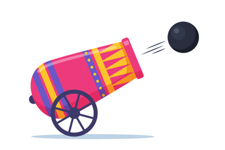 Cute circus cannon. Concept of circus equipment doing tricks and stunts for children, adults. Cannon firing. Vector illustrationのイラスト素材