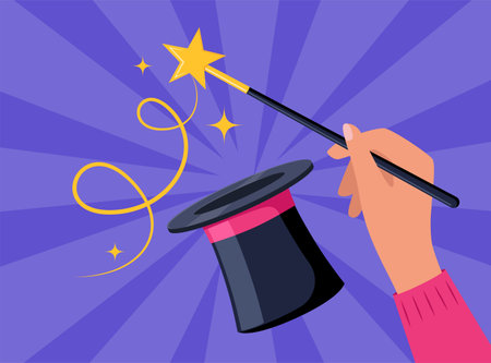 Hand holding magic wand. Sparks of stars over a magical black hat. Magician performs tricks, focus and illusions. Show entertainment. Vector illustrationのイラスト素材