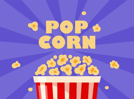 Popcorn bucket, realistic pop corn container. White and red bucket with flying out snack seeds. Striped paper box with popcorn. Vector illustrationのイラスト素材