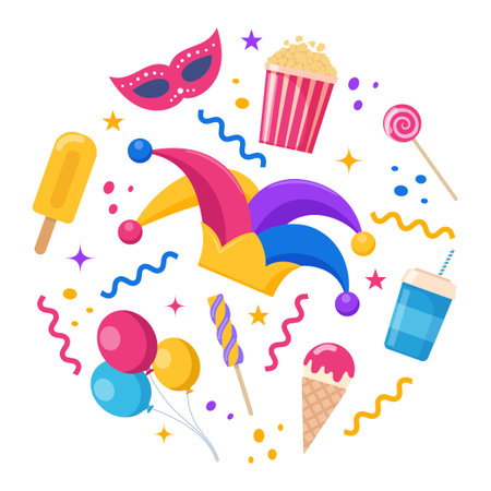 Circled and colored confetti, balloons, ribbons, jester hat, mask and other party elements. Ice cream, popcorn, lollipops. Vectorのイラスト素材