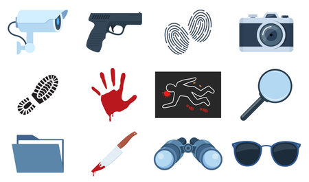 Murder investigation icon set. Police detective equipment. Investigation tools. Crime symbols. Criminology Police Crime Investigation Scene elementsのイラスト素材