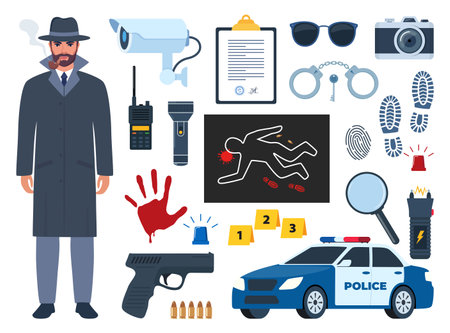 Police detective character and equipment. Investigation tools. Pistol, handcuffs, flashlight, palm print, body outline, shoe marks, police tape, sunglasses, hat, newspaper, magnifying glass. Vectorのイラスト素材