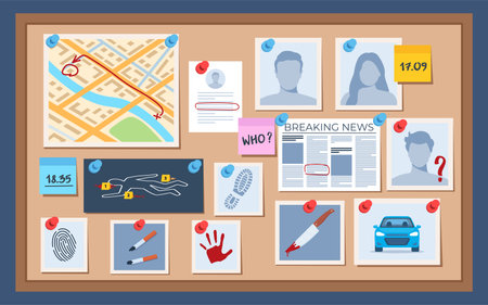 investigation board. Homicide detectives board showing clues and suspects, a crime scene map, weapon, vehicle and notes. Vector illustrationのイラスト素材