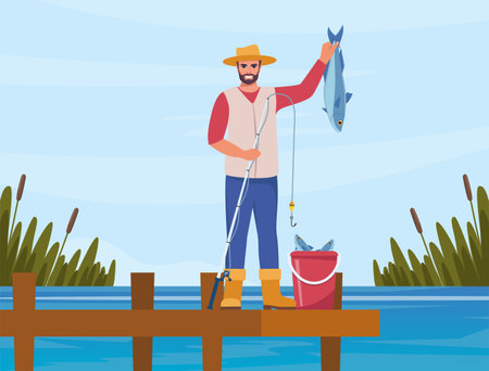 Man fishing. Fisherman at lake or river. Man in vest and hat. Guy catching a fish. Outdoor recreation, leisure time. Vector illustrationのイラスト素材