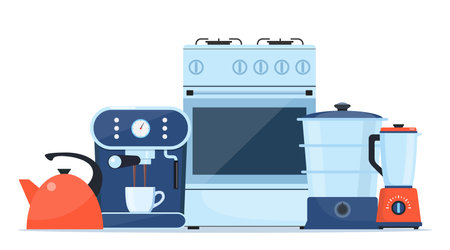 Household electric devices composition. Home appliance set. Domestic equipment. House electronics. Vector illustrationのイラスト素材