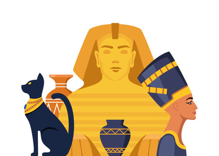 Ancient Egyptian elements composition. Gods, deities and mythological creatures from Egyptian mythology and religion, sacred animals, symbols, architecture and sculpture. Vector illustrationのイラスト素材
