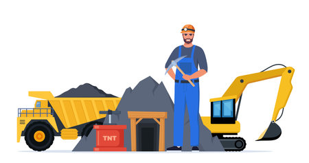 Mining coal industry icons composition. Tools and equipment for manufacture, truck and mine, mineral fuel, miner symbol, signs of machinery and dump. Vector illustrationのイラスト素材