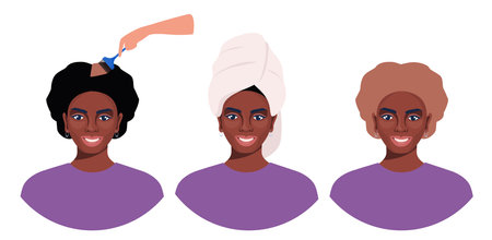 Steps of hair coloring process for black woman at home. Brunette changes her hair color to lighter one. Hair lightening. How to dye your hair. Vector illustrationのイラスト素材