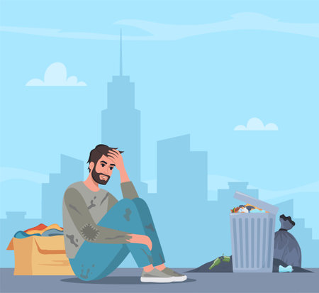 Homeless man on street. Bum in ragged clothes sitting on ground begging money. Unemployed character asking support in trouble situation, begging. Vector illustrationのイラスト素材