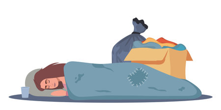 Homeless poor woman sleeping on street floor, needy girl lying under blanket. Vector illustrationのイラスト素材