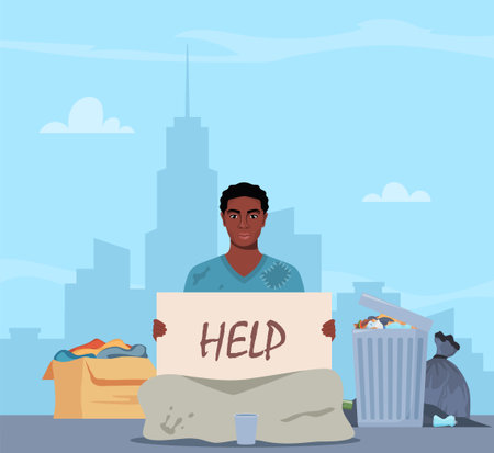Homeless man holding banner Help. Bum in ragged clothes sitting on ground begging money. Unemployed character asking support in trouble situation, begging. Vector illustrationのイラスト素材